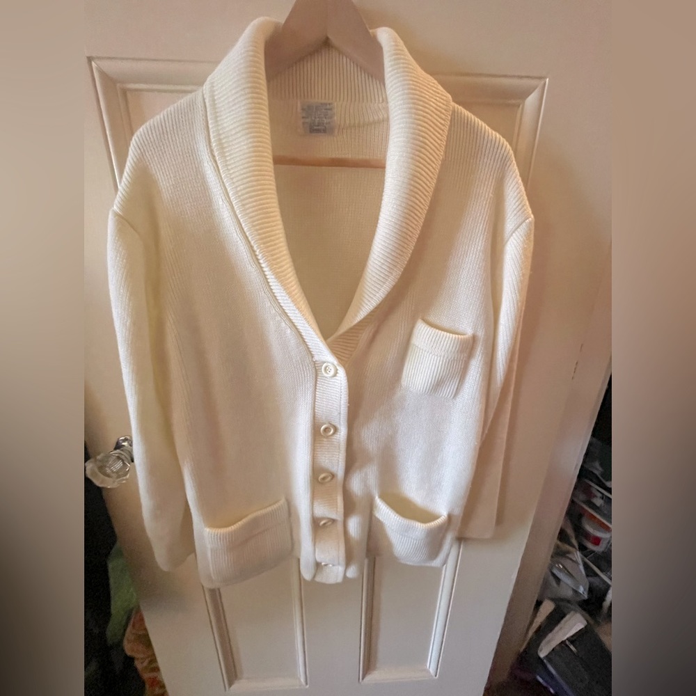 Sears Vintage Unisex Oversized Cream 70s Button Front Cardigan Sweater Size L/XL - Picture 2 of 7
